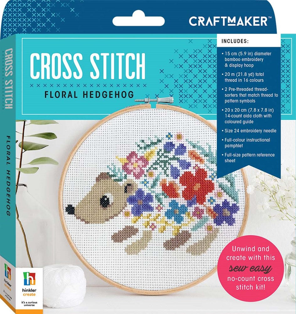 Hinkler Craft Maker Cross-stitch Kit: Floral Hedgehog (8264132526306)