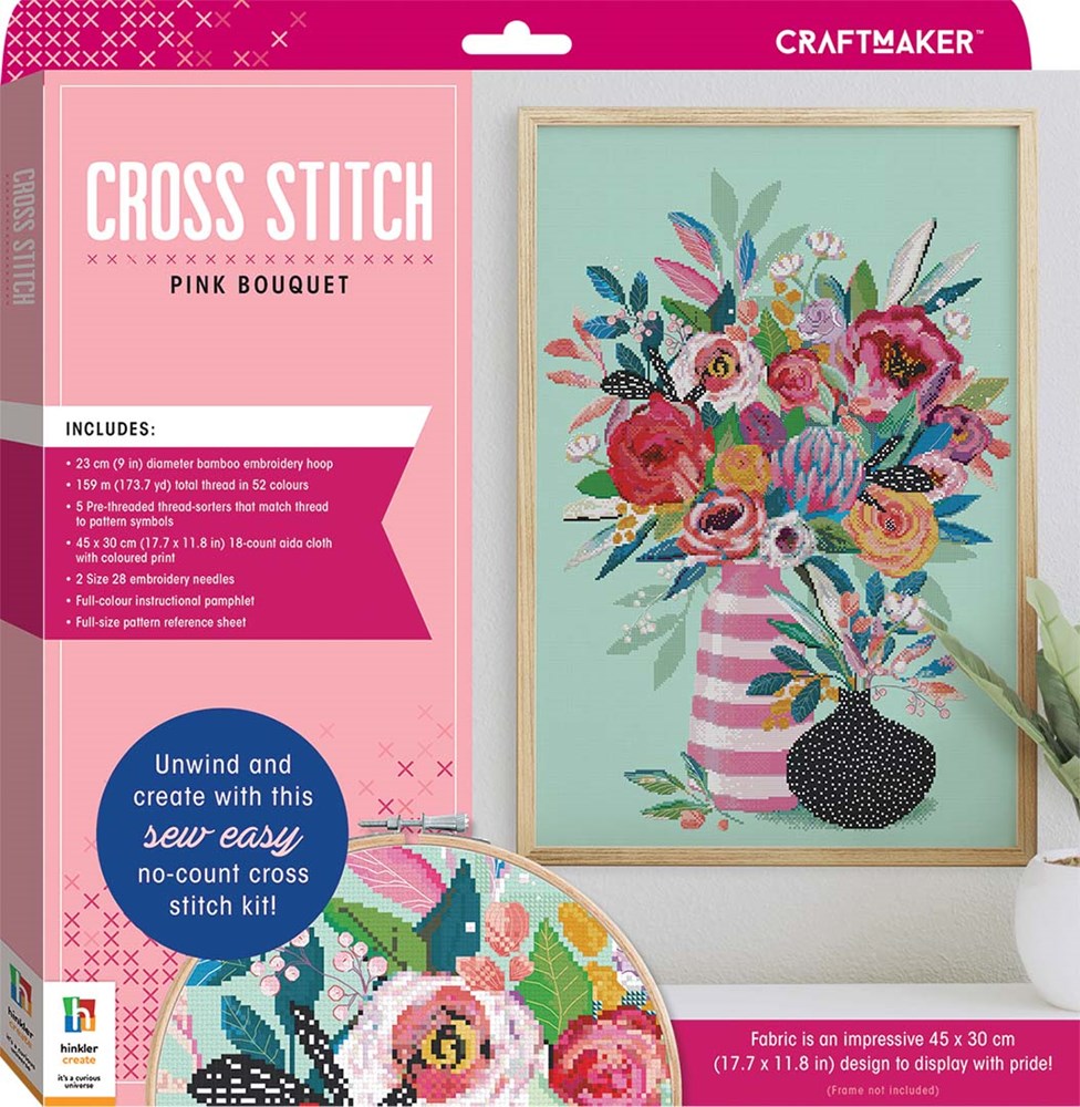 Hinkler Craft Maker Cross-stitch Kit: Pink Bouquet (8264132657378)